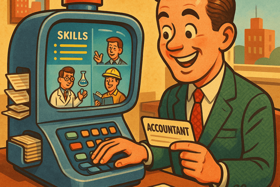 Retro-futurist 1950s-style illustration of an ordinary office worker at a sleek future desk using an AI job-search machine that sorts job cards and highlights career suggestions, for an article about AI helping with job hunting