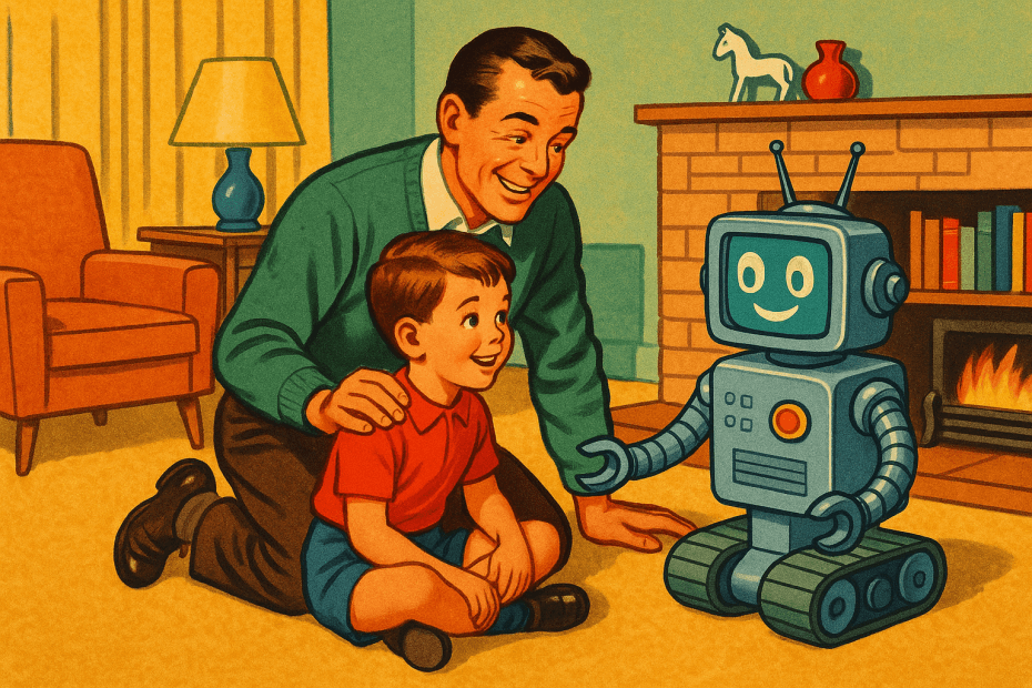 Retro-futurist 1950s-style illustration of a parent and young child in a cosy living room with a friendly talking toy robot, for an article about AI toys and what parents should watch out for