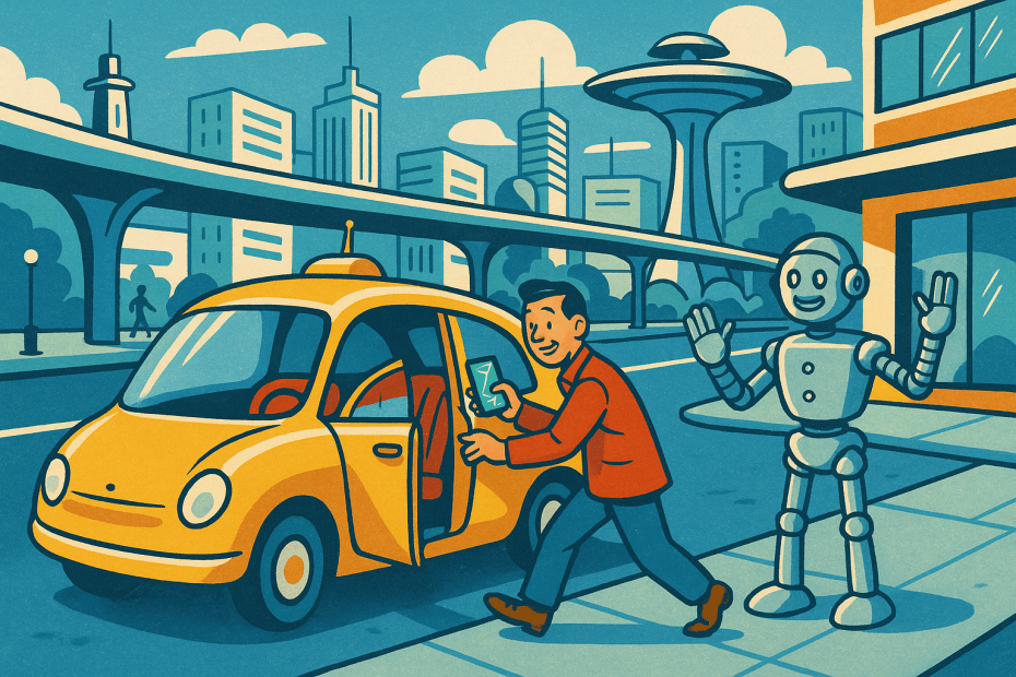 Retro-futurist 1950s-style illustration of an ordinary passenger stepping into a sleek autonomous taxi on a colourful future city street, for an article about Uber and Wayve’s robotaxi plans and what they could mean for UK readers