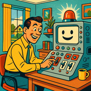 Retro-futurist 1950s-style illustration of an ordinary person in a bright mid-century home office using a friendly AI console with safety controls and warning lights, for an article about ChatGPT security labels