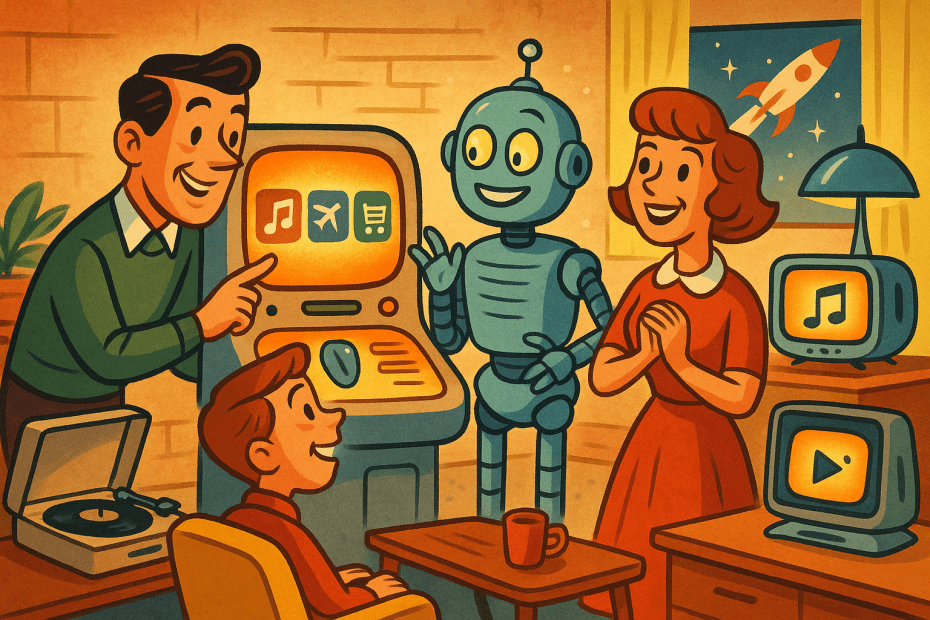 Retro-futurist 1950s-style illustration of a family in a modernist living room using a friendly AI hub linked to music, travel and shopping services, for an article about ChatGPT app integrations and what they mean for UK users
