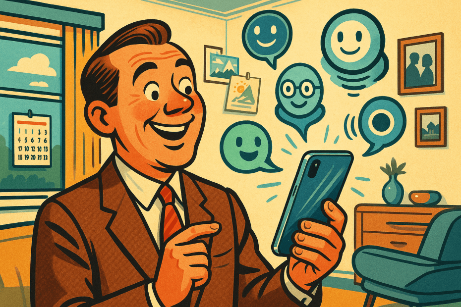 Retro-futurist 1950s-style illustration of a person in a mid-century living room comparing a futuristic smartphone surrounded by friendly AI helpers, for an article about Samsung’s Galaxy S26 and what its phone AI means for UK buyers