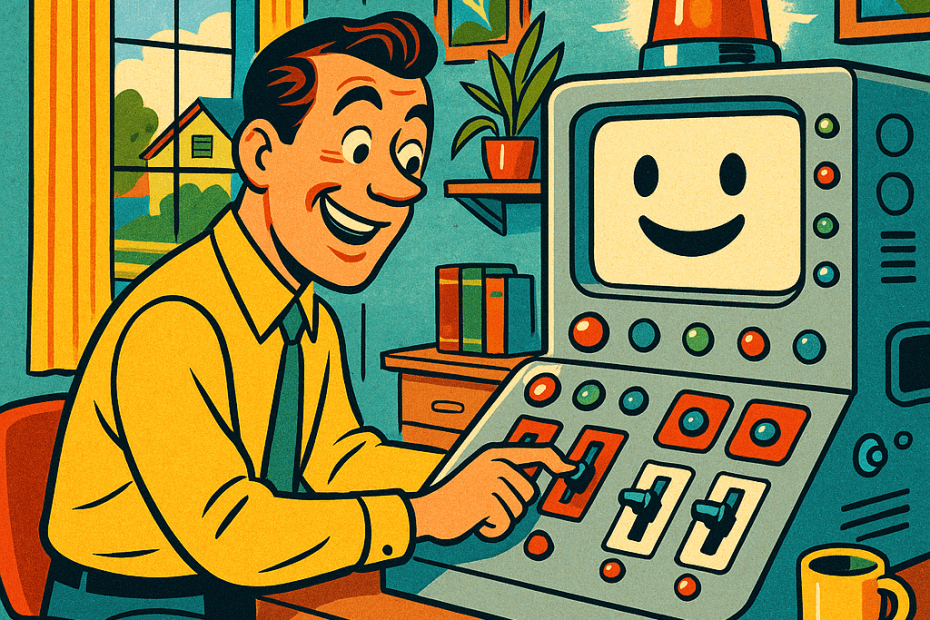 Retro-futurist 1950s-style illustration of an ordinary person in a bright mid-century home office using a friendly AI console with safety controls and warning lights, for an article about ChatGPT security labels