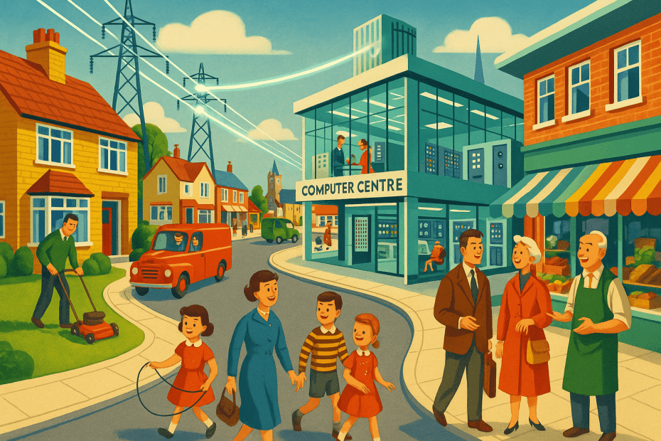 Retro-futurist 1950s-style illustration of a British neighbourhood and high street beside a sleek futuristic computing centre, for an article about how UK AI datacentres could affect energy, jobs and local life