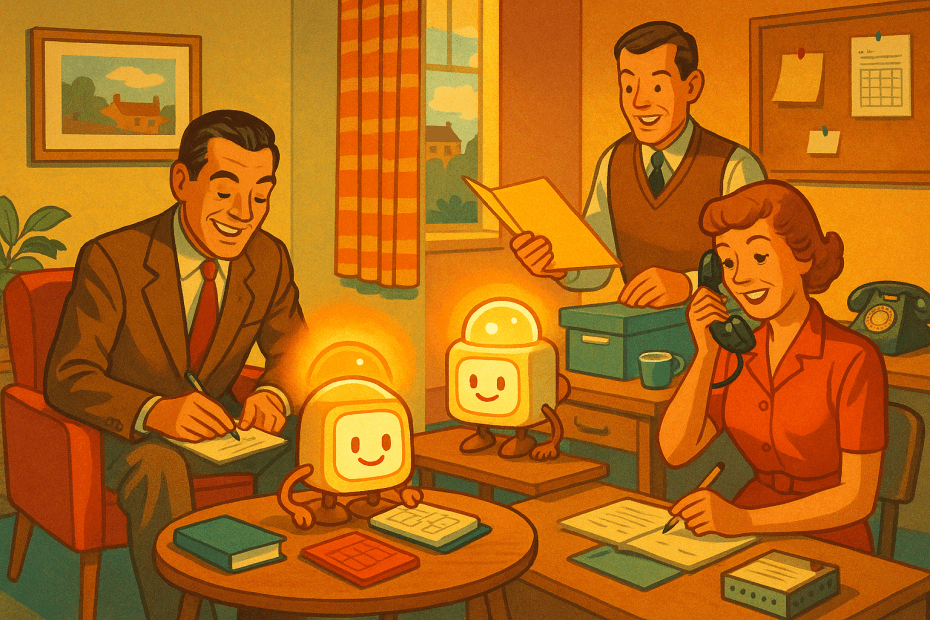 Retro-futurist illustration of a family and office worker using a glowing tabletop AI assistant in a cheerful mid-century future home and workspace, representing ChatGPT’s new mini model becoming more useful for everyday writing, planning and admin tasks.