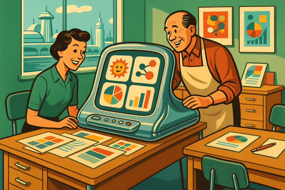 Retro-futurist illustration of a small business owner and office worker using a vintage-looking AI design console surrounded by colourful charts and posters, representing new AI tools that create marketing visuals more quickly for small businesses.