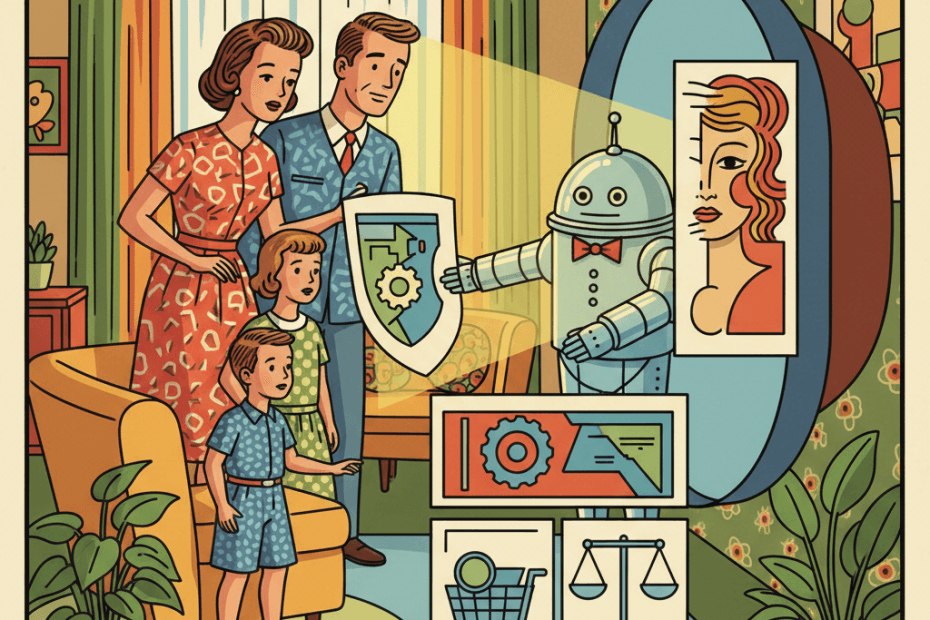 Retro-futurist magazine-style illustration of a family looking warily at a futuristic image-editing console while a protective robot blocks an inappropriate advert, representing the UK ban on a misleading AI app ad.