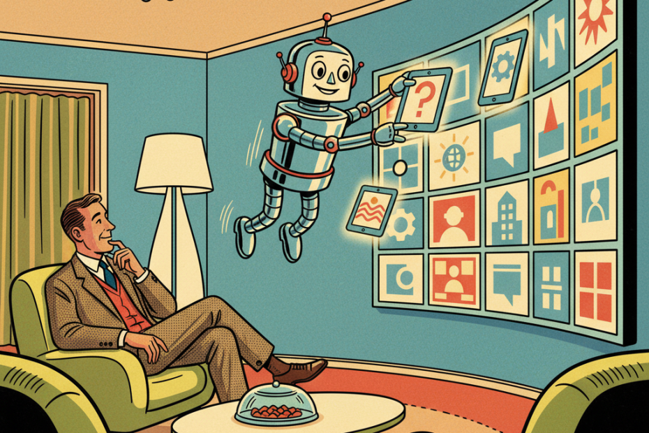 Retro-futurist 1950s-style illustration of a person reading a futuristic newspaper wall of search results, while a friendly household robot swaps article title cards above the stories, for an article about Google testing AI-generated search headlines.