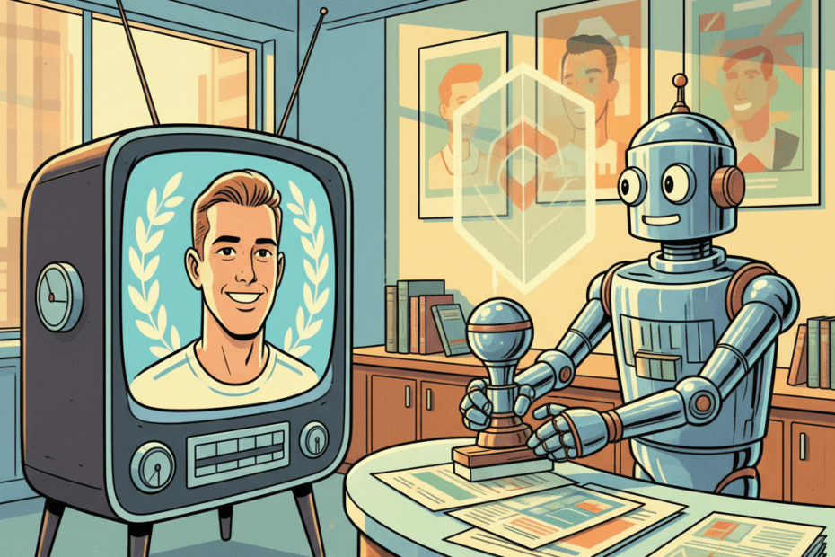 Retro-futurist 1950s-style illustration of a young sports star on a glowing television screen while a futuristic legal office robot stamps an official likeness certificate, for an article about using trademarks to push back against AI fake images.