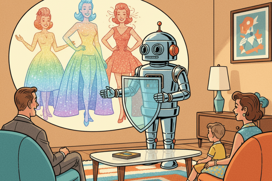 Retro-futurist 1950s-style illustration of a glowing social-video screen filled with stylised artificial avatars while a friendly chrome robot moderator lowers a safety shield in a colourful living room, for an article about TikTok banning sexualised AI avatar accounts.