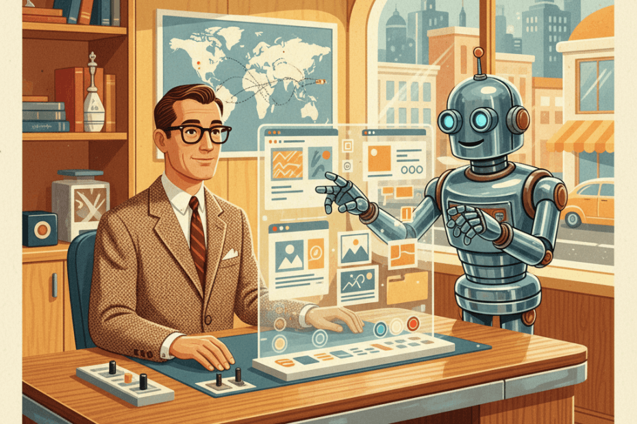 Retro-futurist 1950s-style illustration of a small business owner at a sleek mid-century desk while a friendly chrome robot arranges glowing website page cards and blog drafts on a wall panel, for an article about WordPress.com letting AI agents create and publish site content.