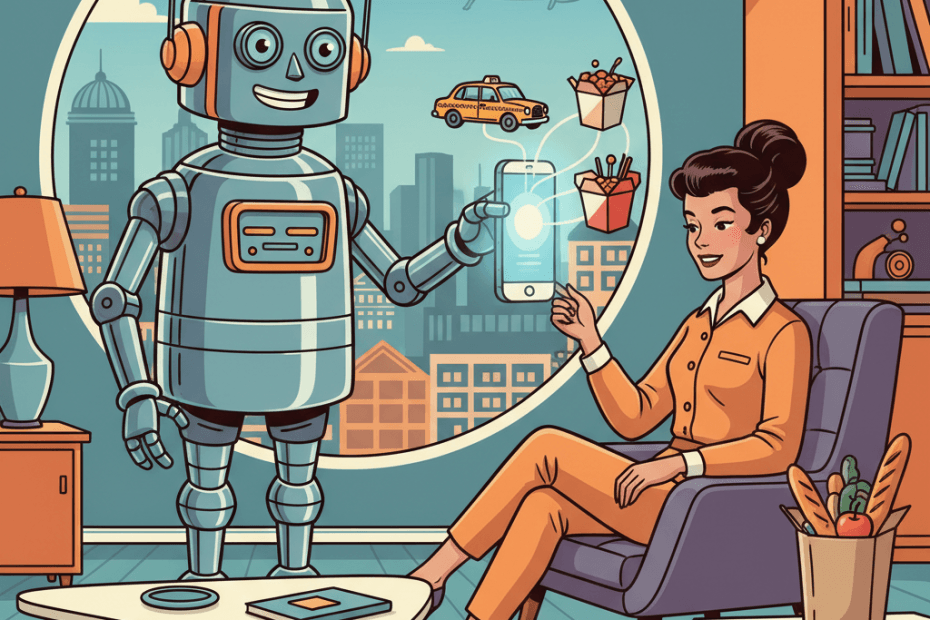 Retro-futurist 1950s-style illustration of a person in a streamlined living room holding a glowing smartphone while a friendly chrome helper robot arranges miniature food boxes, groceries and a small taxi around it, for an article about Gemini handling ride and delivery app tasks on Android.