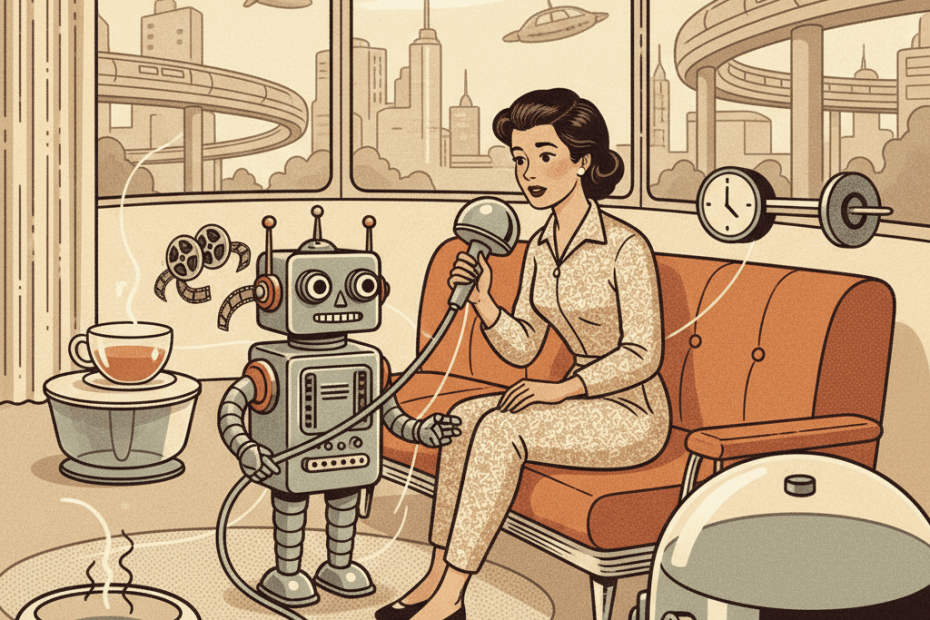 Retro-futurist 1950s-style illustration of an ordinary person in a streamlined home recording voice notes and everyday scenes for a gleaming thinking machine, for an article about people being paid to provide personal data and footage to train AI.