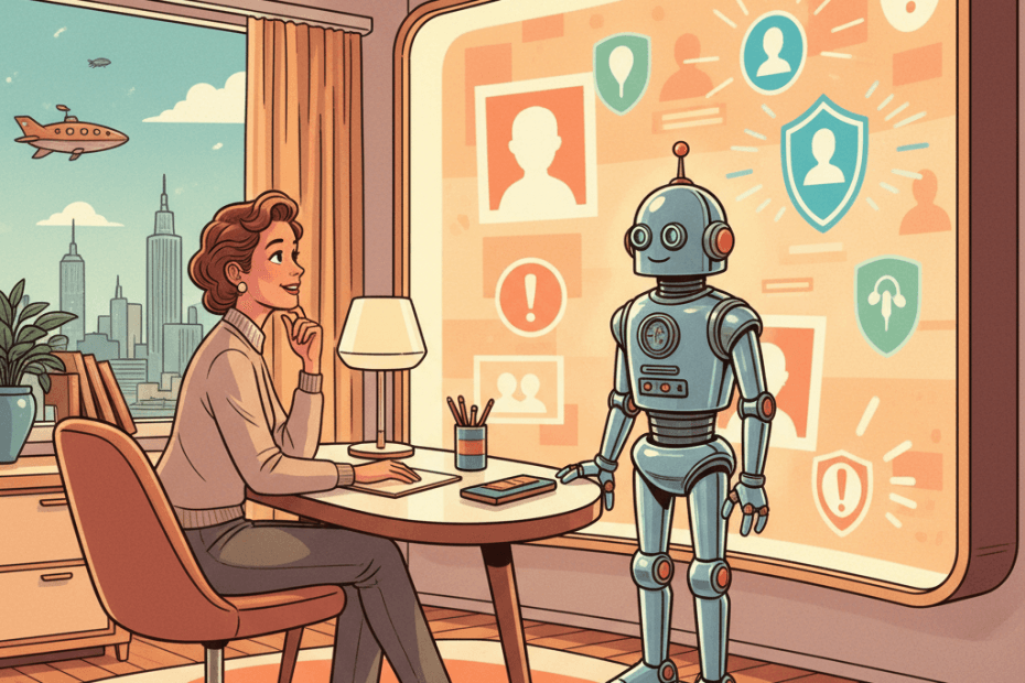 Retro-futurist 1950s-style illustration of an ordinary social media user at a sleek mid-century desk while a friendly chrome robot sorts glowing photo cards and safety signals on a wall console, for an article about Meta using more AI for Facebook and Instagram support and moderation.