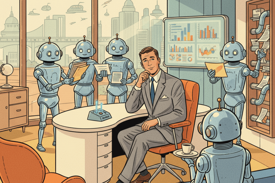 Retro-futurist 1950s-style illustration of an office worker at a sleek desk being helped by friendly household-style robots sorting notes, charts and tasks, for an article about making AI genuinely useful at work rather than using it as a shallow shortcut.