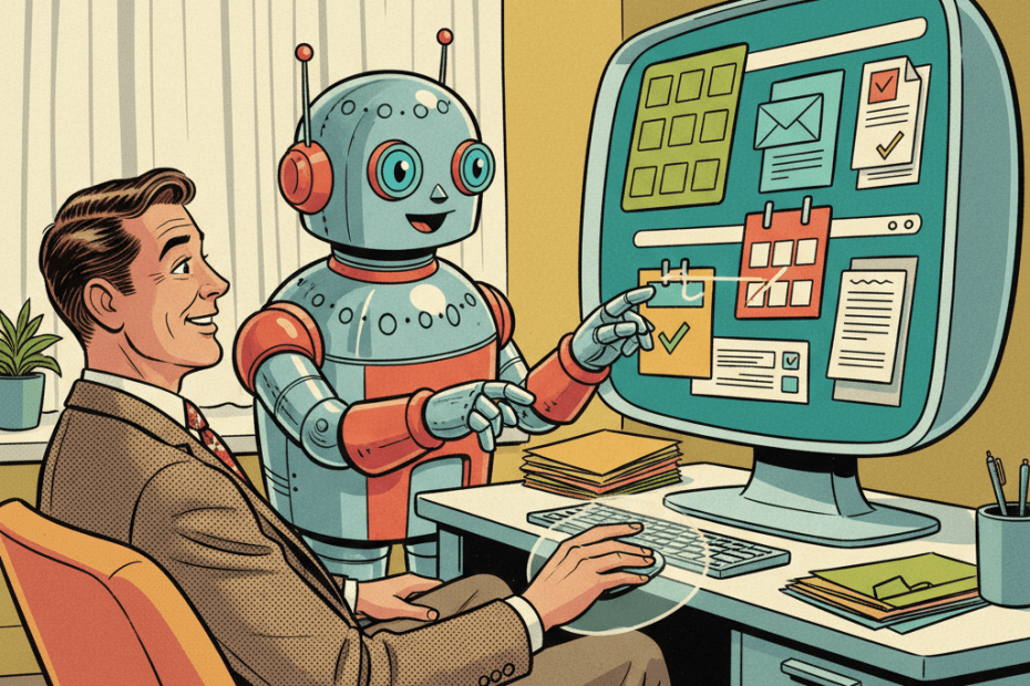 Retro-futurist 1950s-style illustration of a tidy home office where a friendly robot assistant operates a desktop computer beside a seated user, for an article about AI tools that can control apps and files on a Mac.