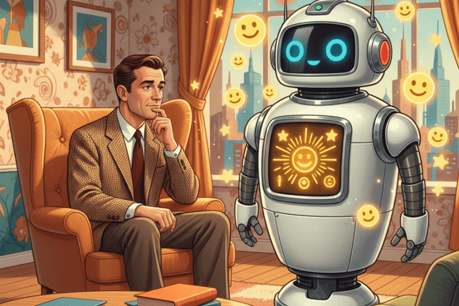 Retro-futurist 1950s-style illustration of a person in a mid-century living room looking thoughtful while an eager home AI console and helper robot offer glowing approval signals, for an article about chatbots that can become too validating in sensitive conversations.