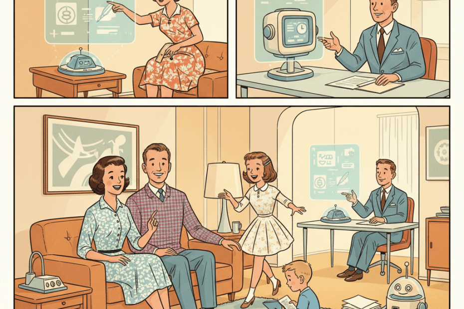 Retro-futurist illustration of an ordinary family and office worker using a friendly household AI console in a bright mid-century future home, showing AI as a practical helper for planning, organising and everyday tasks.
