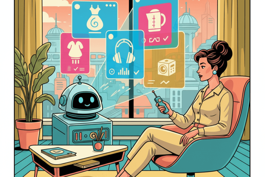 Retro-futurist 1950s-style illustration of a thoughtful shopper in a mid-century living room comparing clothes, home gadgets and household items on glowing AI shopping panels while a friendly helper robot presents options, for an article about ChatGPT and Gemini becoming AI shopping assistants.