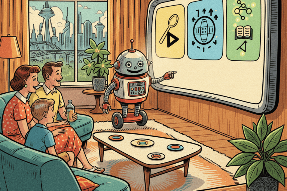 Retro-futurist 1950s-style illustration of a family in a mid-century living room looking at a large television showing simple visual recipe panels, sports-style score graphics and educational diagrams while a friendly helper robot points at the screen, for an article about new Gemini features coming to Google TV for UK households.