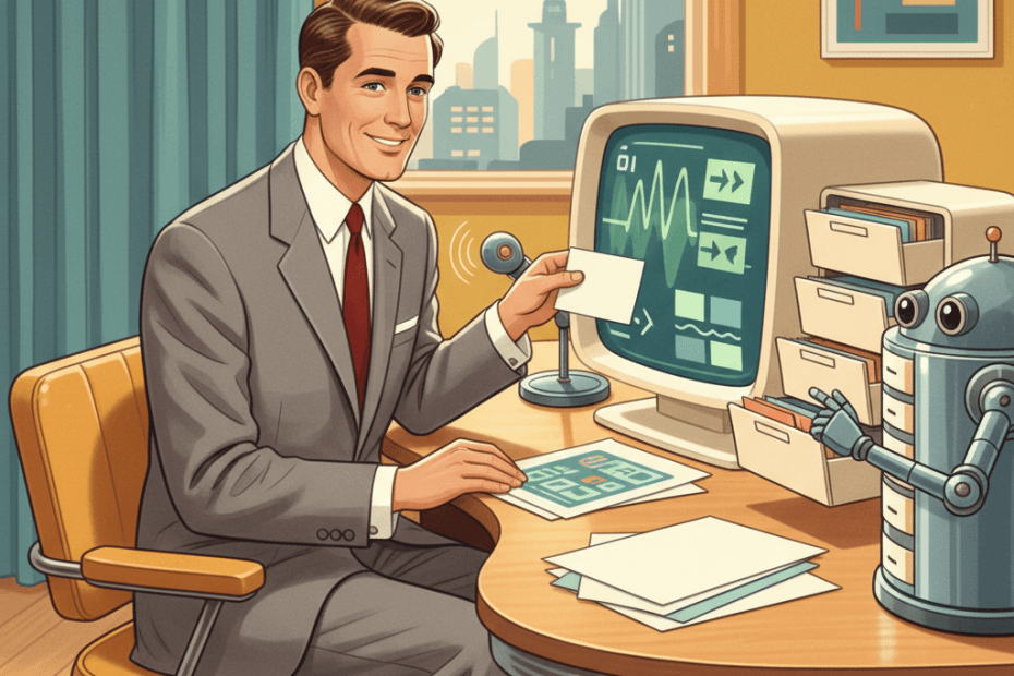 Retro-futurist 1950s-style illustration of a mid-century office where a worker sits at a streamlined computer while a friendly helper robot organises meeting notes on glowing local file panels, for an article about an AI meeting-notes app that keeps recordings and transcripts on the user’s Mac.