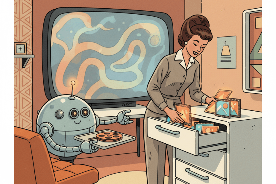Retro-futurist 1950s-style illustration of a home creator at a streamlined desk saving film reels and glowing video frames into tidy storage drawers while a friendly helper robot assists beside a futuristic screen, for an article about OpenAI shutting down the Sora video app and what users should back up or check.