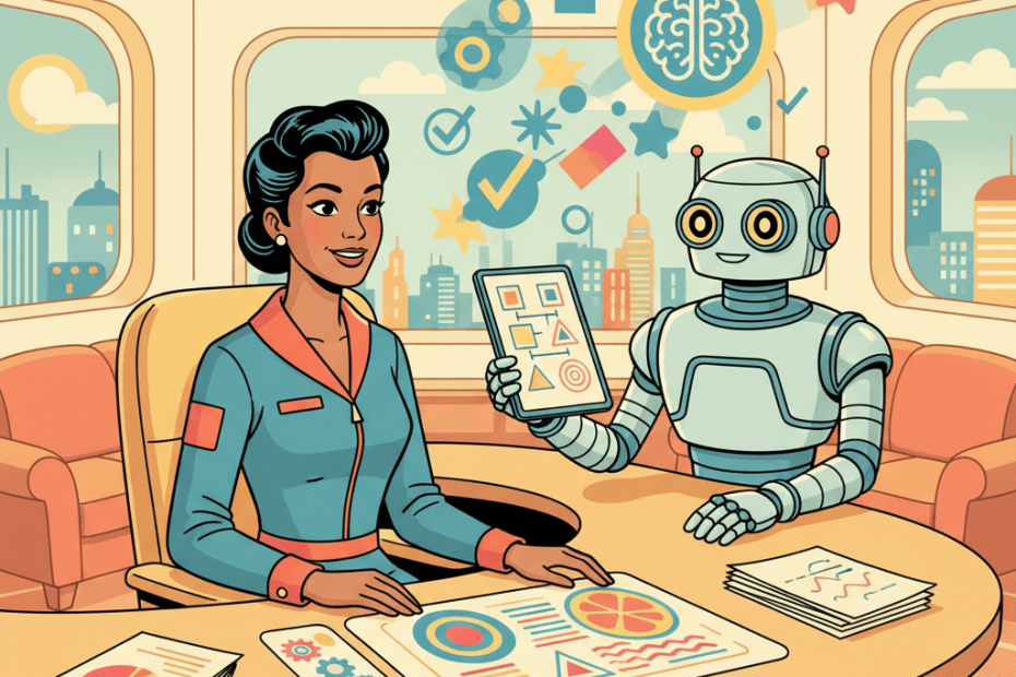 Retro-futurist 1950s-style illustration of an ordinary office worker and a friendly helper robot at a streamlined desk comparing glowing task cards and charts, for an article about the widening AI skills gap and what UK workers can take from Anthropic’s latest data.