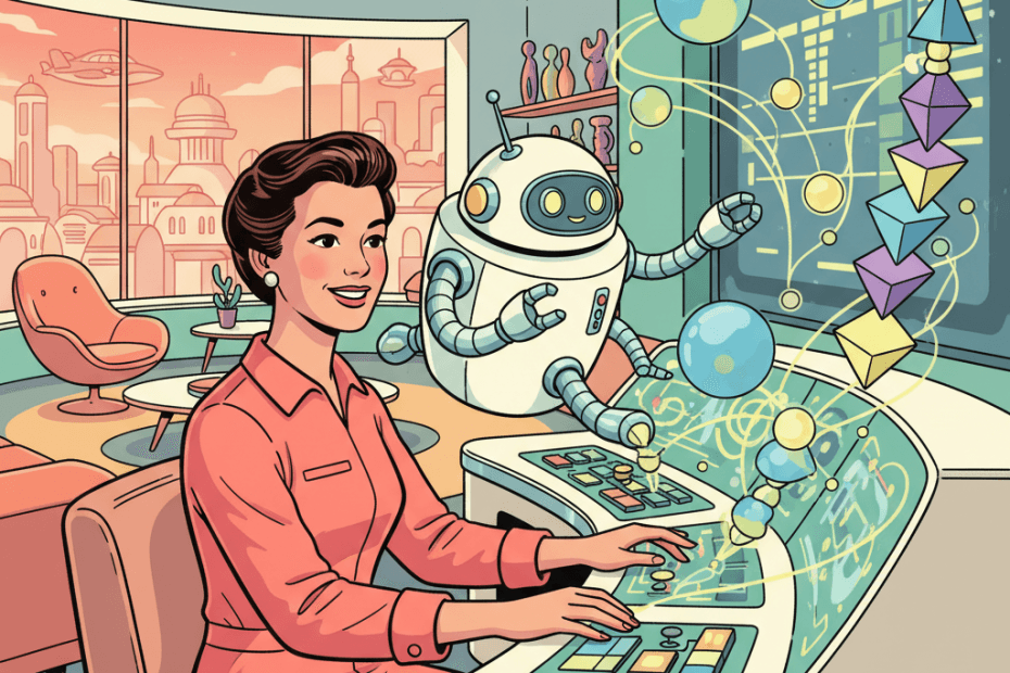 Retro-futurist 1950s-style illustration of a person in a cosy mid-century home studio using a futuristic music console while a friendly helper robot arranges glowing abstract musical shapes, for an article about longer AI-generated music becoming easier for ordinary creators and listeners to encounter.