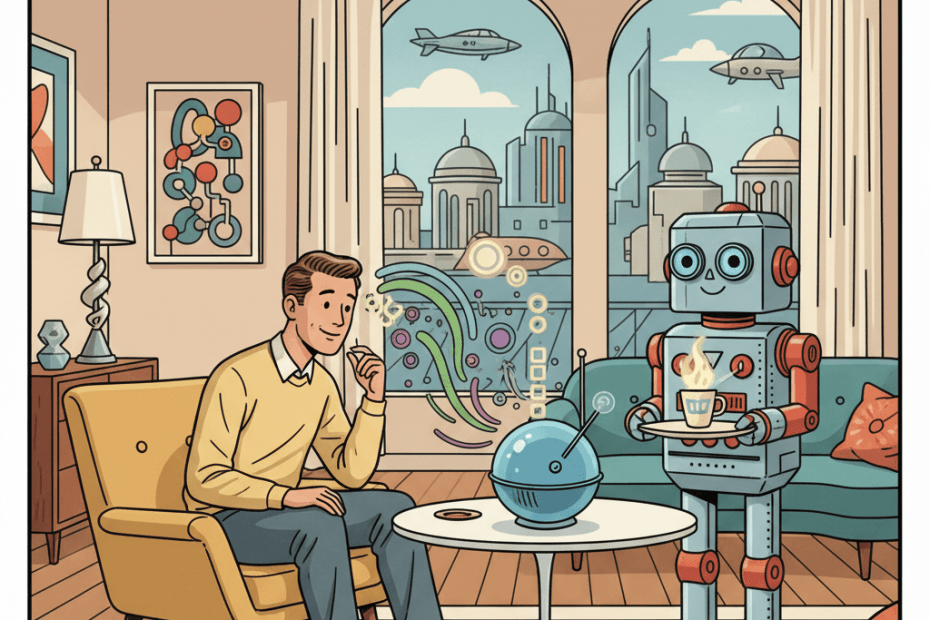 Retro-futurist 1950s-style illustration of an ordinary person in a bright mid-century home office speaking to a sleek glowing desk device while a friendly helper robot and flowing sound waves suggest a lifelike AI conversation, for an article about more natural voice bots becoming easier for UK users to mistake for people.