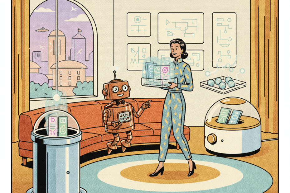 Retro-futurist 1950s-style illustration of an ordinary person in a mid-century home office carrying a box of glowing chat cards between two sleek futuristic AI consoles while a friendly helper robot tidies the files, for an article about Gemini importing memories and chat history from other AI apps for UK users.