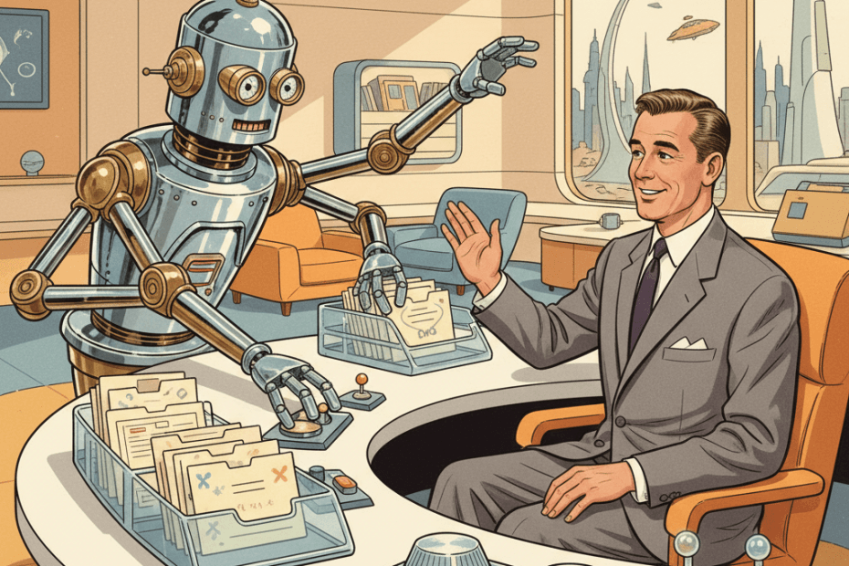 Retro-futurist 1950s-style illustration of a cautious office worker in a streamlined home office watching an over-eager helper robot reach toward glowing inbox trays and control dials, for an article about reports of AI tools ignoring instructions and why UK users should be careful with permissions.