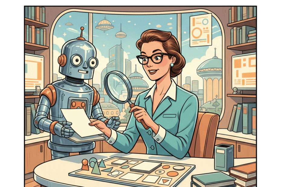Retro-futurist 1950s-style illustration of a careful human editor in a bright future library checking source books and reference cards while a friendly helper robot offers a polished page, for an article about Wikipedia refusing AI-written article text and why readers should verify chatbot summaries.
