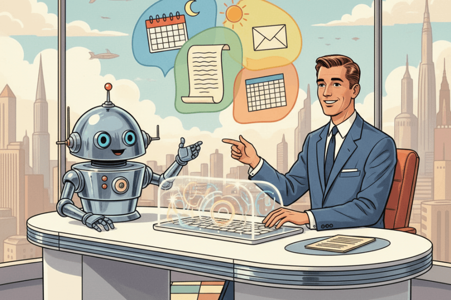 Retro-futurist illustration of a mid-century office worker using a friendly futuristic desk console with floating mail, calendar and document panels, showing AI tools helping with everyday admin in Google Workspace.