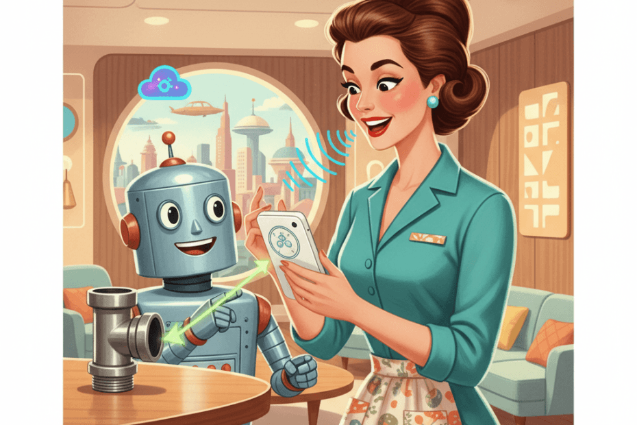 Retro-futurist 1950s-style illustration of a person in a bright futuristic home using a phone camera and voice assistant to examine a household object while a friendly helper robot gestures nearby, for an article about Google Search Live rolling out in the UK and when camera-based AI search is genuinely useful.