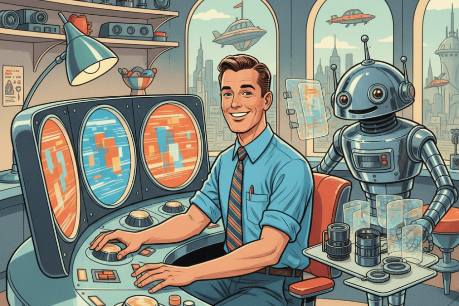 Retro-futurist 1950s-style illustration of a small business owner at a sleek editing desk reviewing colourful short video scenes on glowing screens while a friendly home-office robot assistant helps arrange film reels and camera gear, for an article about CapCut’s new AI video tool and what UK users should know about the rollout.