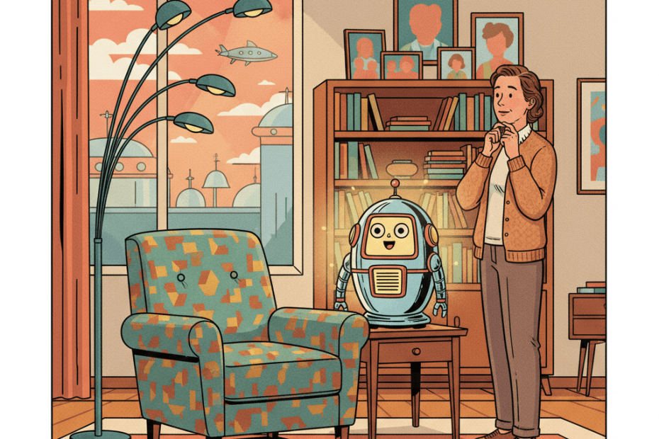 Retro-futurist 1950s-style illustration of a person in a mid-century living room stepping back from a glowing home AI console while a small robot waits nearby, for an article about noticing when chatbot conversations become too immersive or emotionally unhealthy.