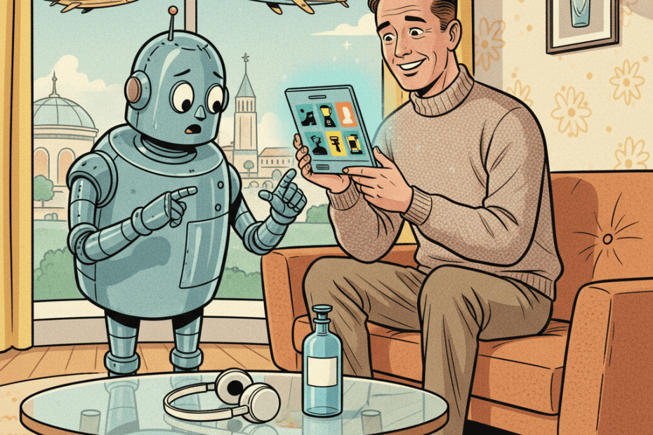 Retro-futurist 1950s-style illustration of a shopper in a bright futuristic living room studying glossy social-media adverts on a handheld screen while a home robot points to suspiciously perfect product images, for an article about missing AI-generated ad labels on TikTok and what UK shoppers should check before trusting them.