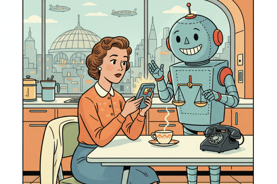 Retro-futurist 1950s-style illustration of a worried person at a kitchen table holding a glowing handheld device while a smiling household robot stands beside them with balanced scales, for an article about AI chatbots siding too quickly with users who ask for personal advice.