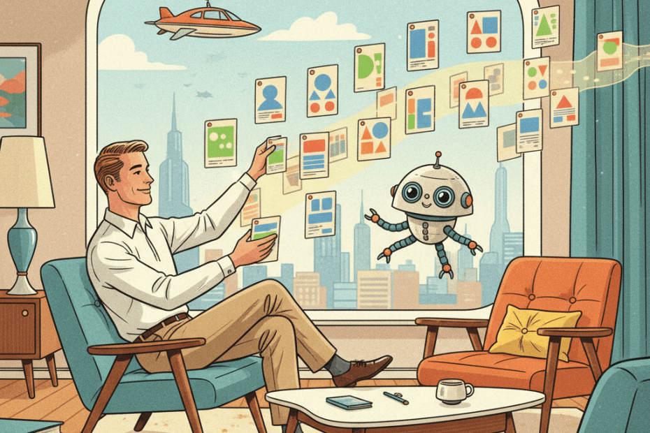 Retro-futurist 1950s-style illustration of a person in a bright futuristic living room arranging floating abstract social-media cards with help from a small household robot, for an article about Bluesky’s AI tool for building custom feeds.