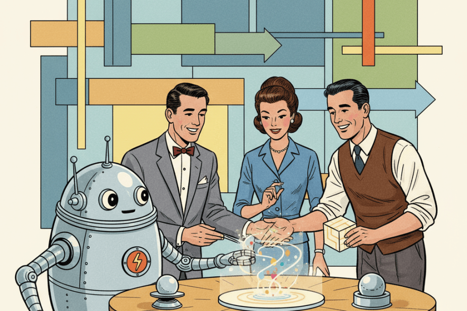 Retro-futurist 1950s-style illustration of three office workers and a friendly robot gathered around a round desk with abstract shapes and arrows in the background, for an article about employers blaming AI for job cuts and what UK workers should ask next.