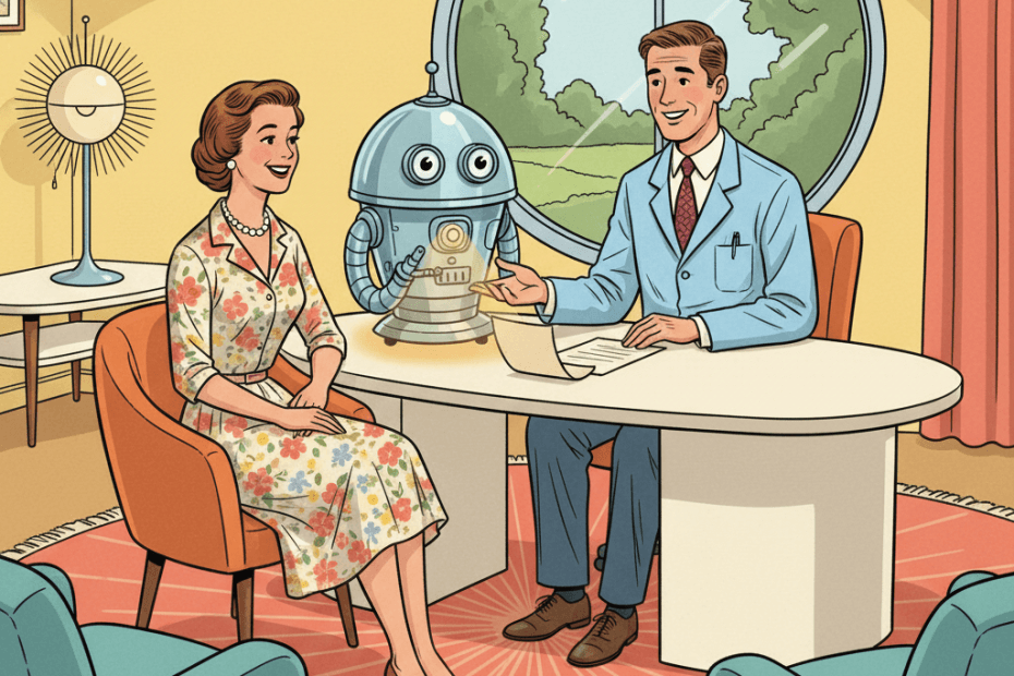 Retro-futurist 1950s-style illustration of a calm GP consultation with a doctor, a seated patient and a small helper robot beside a glowing note-taking device, for an article about AI scribes in medical appointments and what UK patients should ask.