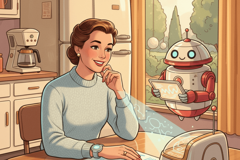 Retro-futurist 1950s-style illustration of a calm patient at a kitchen table studying wearable charts and health papers with a friendly home robot and glowing medical console, for an article about AI health tools and what UK patients should check before trusting them.