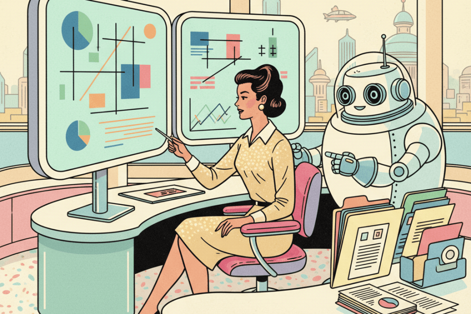 Retro-futurist 1950s-style illustration of an office researcher at a curved desk comparing two glowing report screens while a friendly helper robot points to notes and charts, for an article about Microsoft using multiple AI models in its Researcher tool and what UK workers should still verify.