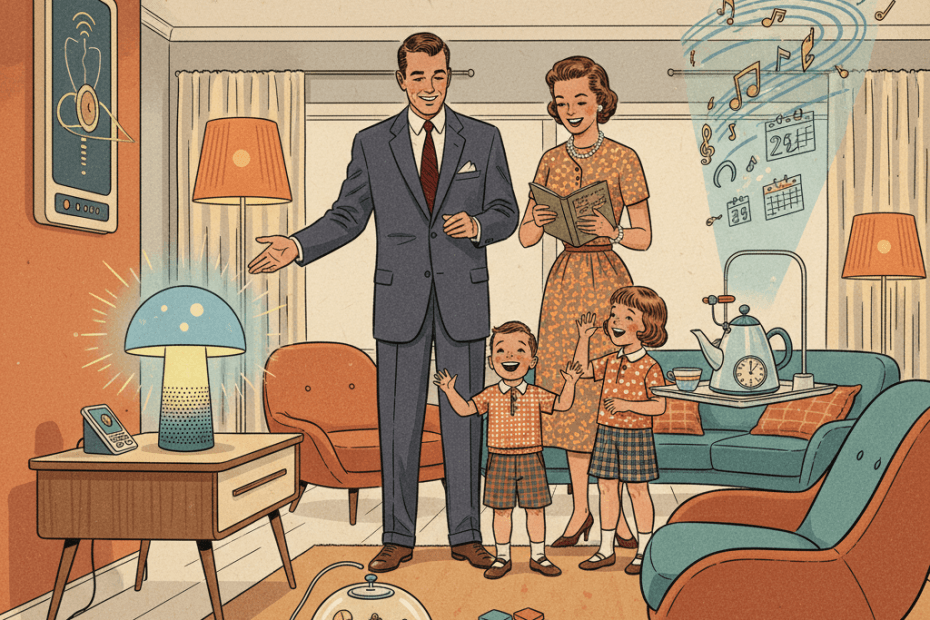 Retro-futurist illustration of a smiling family in a mid-century modern British-style living room speaking to a friendly futuristic smart speaker, with warm lamps, music notes and simple home devices responding around them, representing Amazon Alexa+ arriving in UK homes.