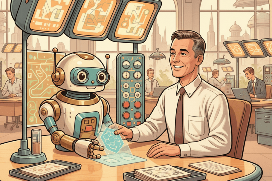Retro-futurist 1950s-style illustration of an ordinary office worker at a streamlined desk while a friendly supervisor robot arranges glowing task cards and a calendar display in a bright futuristic office, for an article about AI management software and what UK workers should check before it starts setting tasks and schedules.