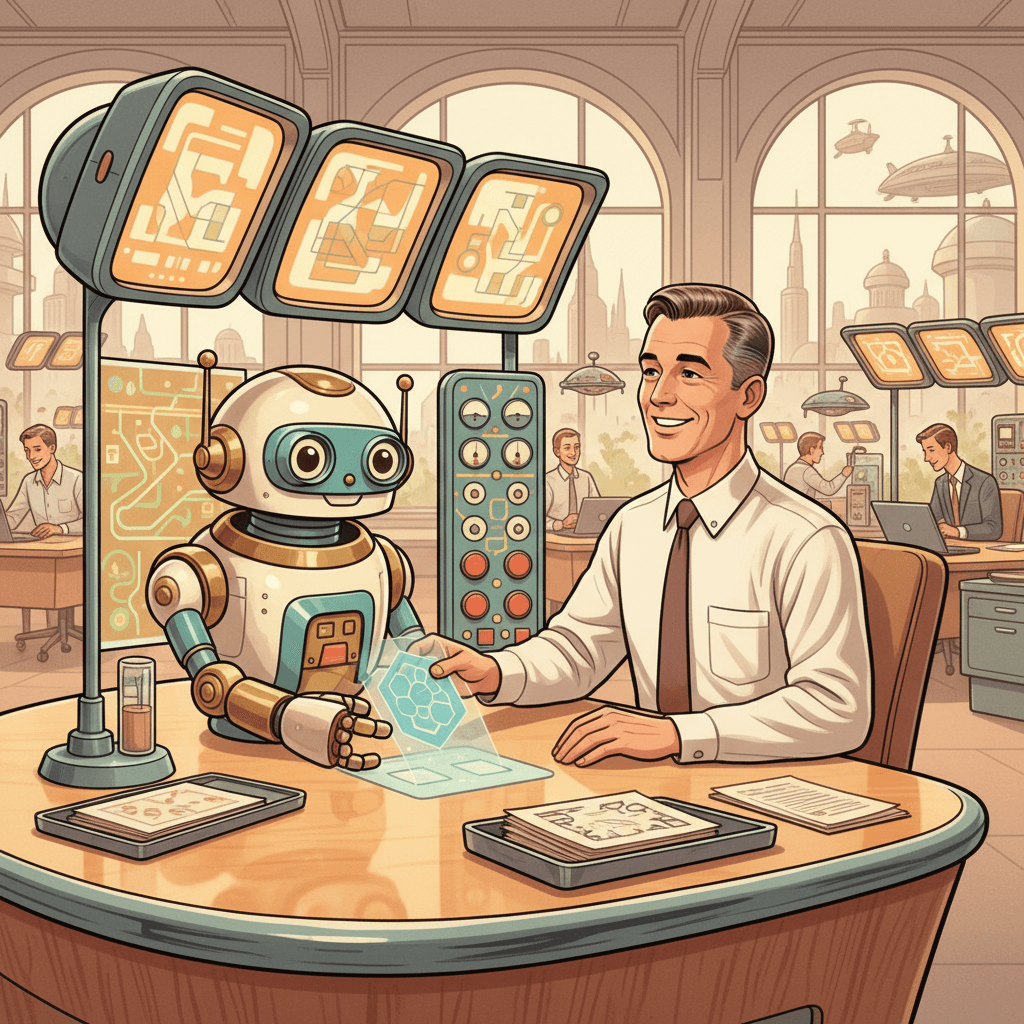 Retro-futurist 1950s-style illustration of an ordinary office worker at a streamlined desk while a friendly supervisor robot arranges glowing task cards and a calendar display in a bright futuristic office, for an article about AI management software and what UK workers should check before it starts setting tasks and schedules.