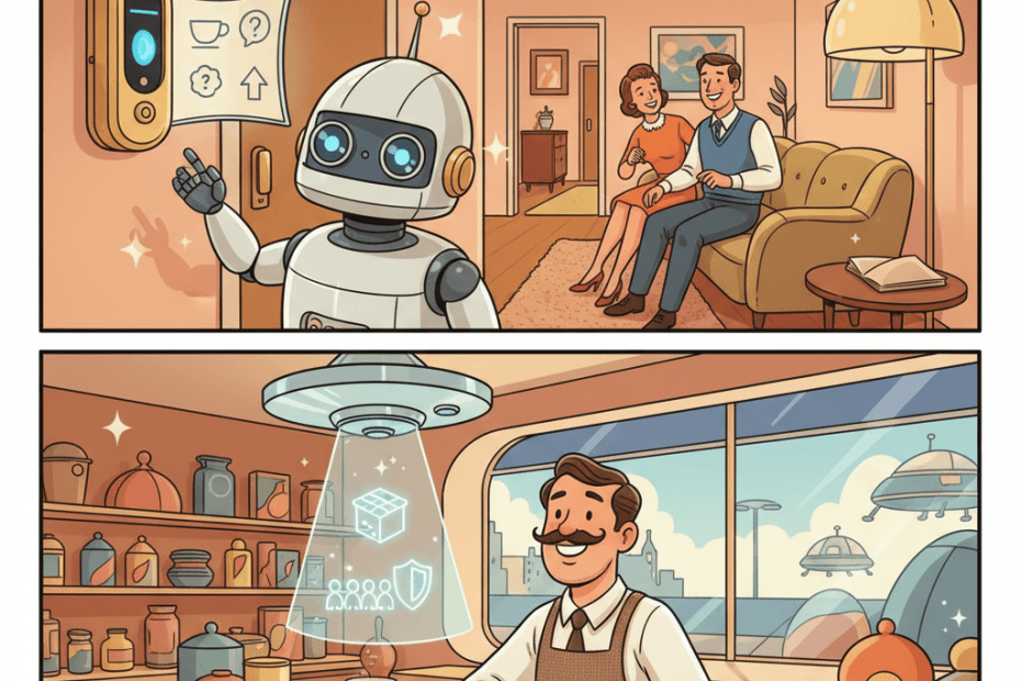 Retro-futurist 1950s-style illustration of a family hallway and a small shop counter watched by friendly streamlined smart cameras while a helpful home robot and shopkeeper review simple glowing alerts, for an article about Ring expanding AI cameras beyond home security into everyday household and small-business uses.