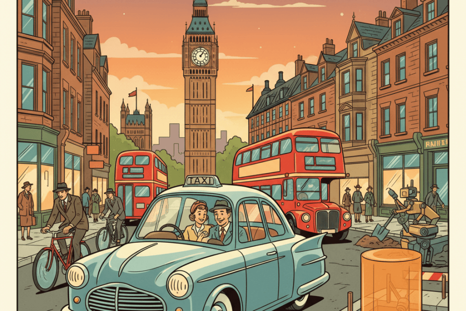 Retro-futurist 1950s-style illustration of a sleek autonomous taxi gliding through a busy London street with pedestrians, cyclists and glowing city lights, for an article about the first AI taxi trials that ordinary UK passengers may soon see.