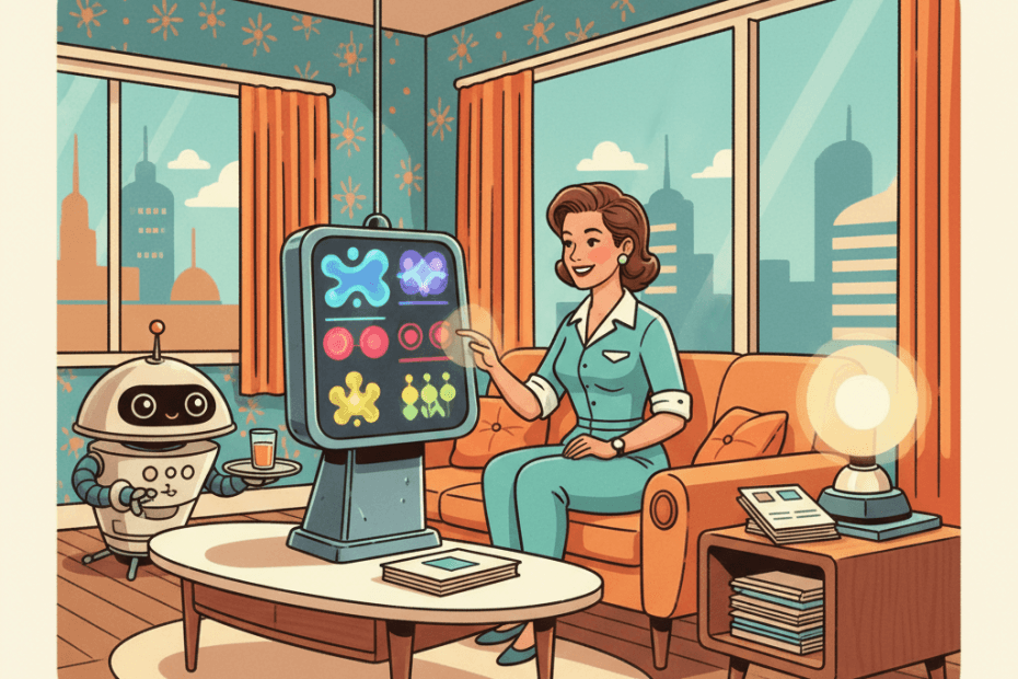 Retro-futurist 1950s-style illustration of a person in a streamlined home checking a glowing health dashboard while a friendly robot assistant compares wearable readings with paper medical notes, for an article about Fitbit using medical records to personalise AI health coaching.