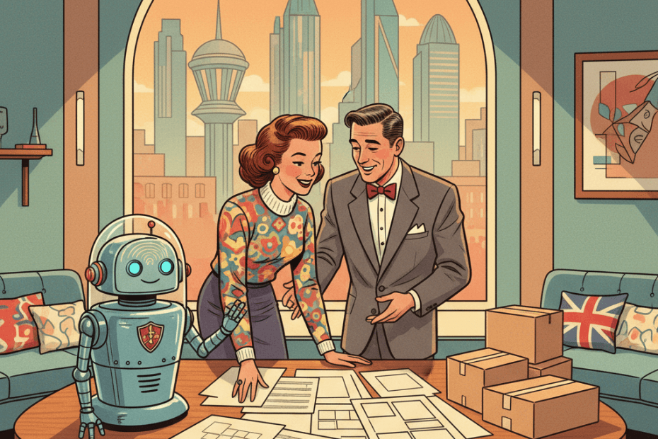 Retro-futurist 1950s-style illustration of a British artist and a small business owner looking over music notes, books and design pages while a friendly household robot pauses beside a glowing AI machine, for an article about the UK government stepping back from plans to let AI firms train on copyrighted work without clear permission.